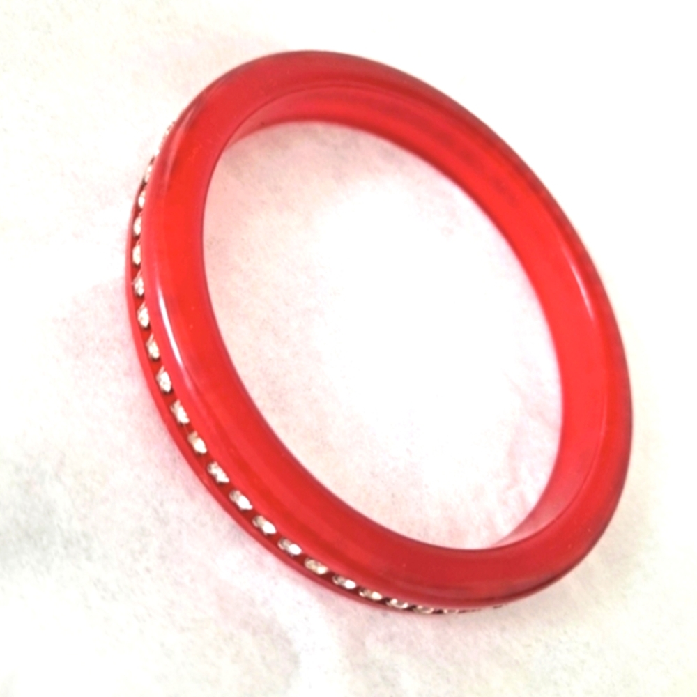 Vintage Red Bakelite Bangle with Rhinestones